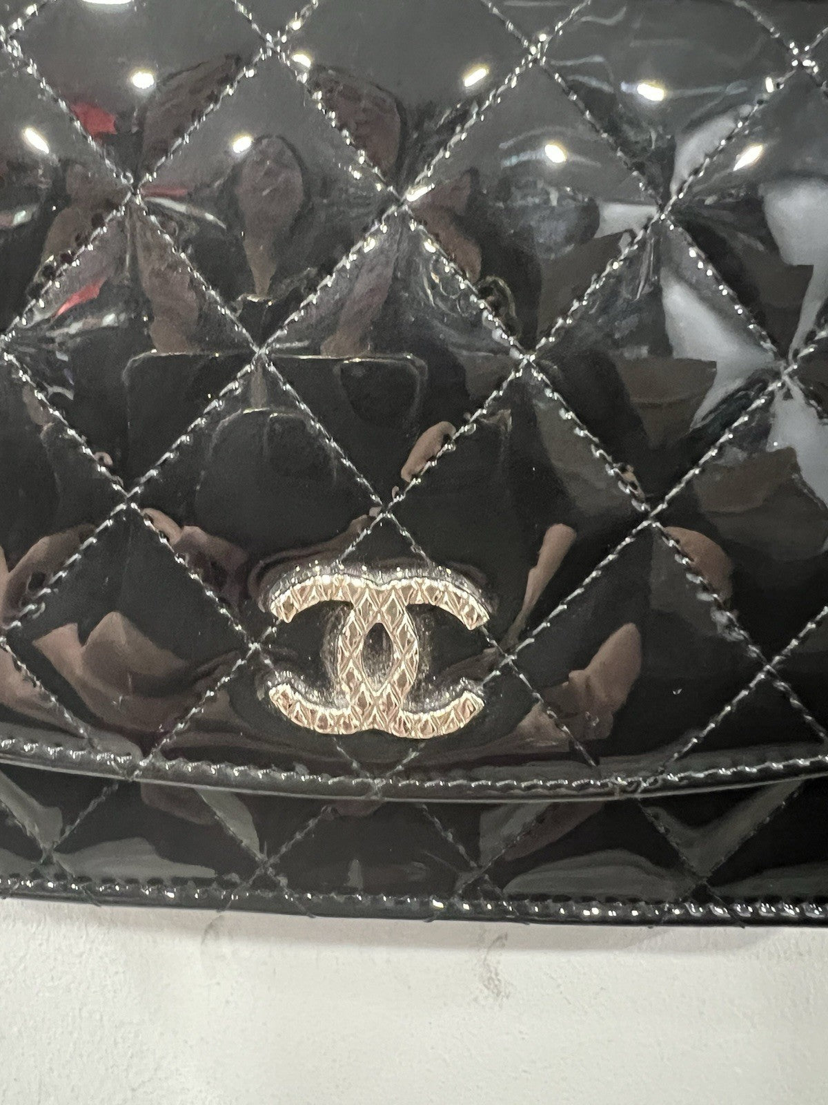 Chanel Black Quilted Patent Leather Brilliant Wallet On Chain Crossbody