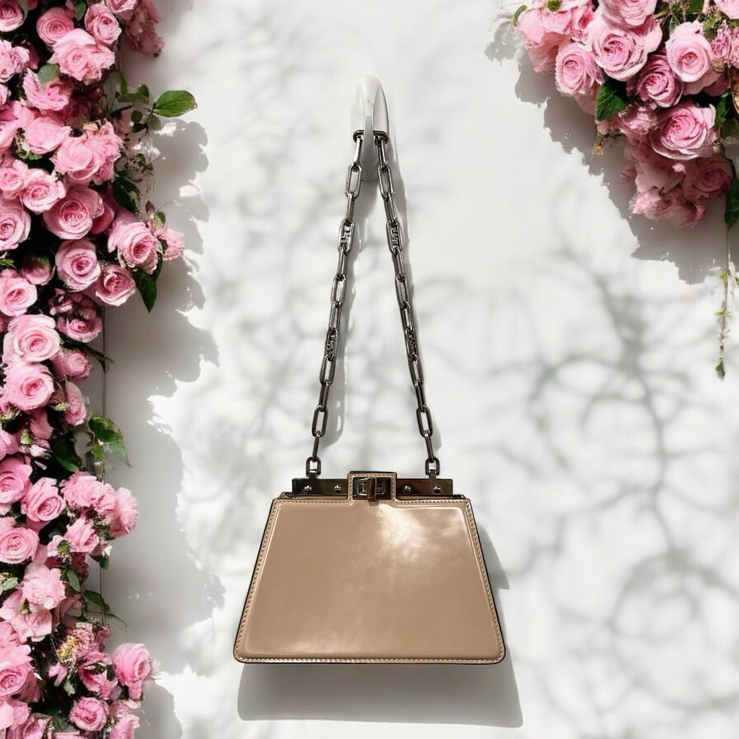 FENDI Peekaboo Cut Mini chain Shoulder Bag Beige Calfskin Retail $4700