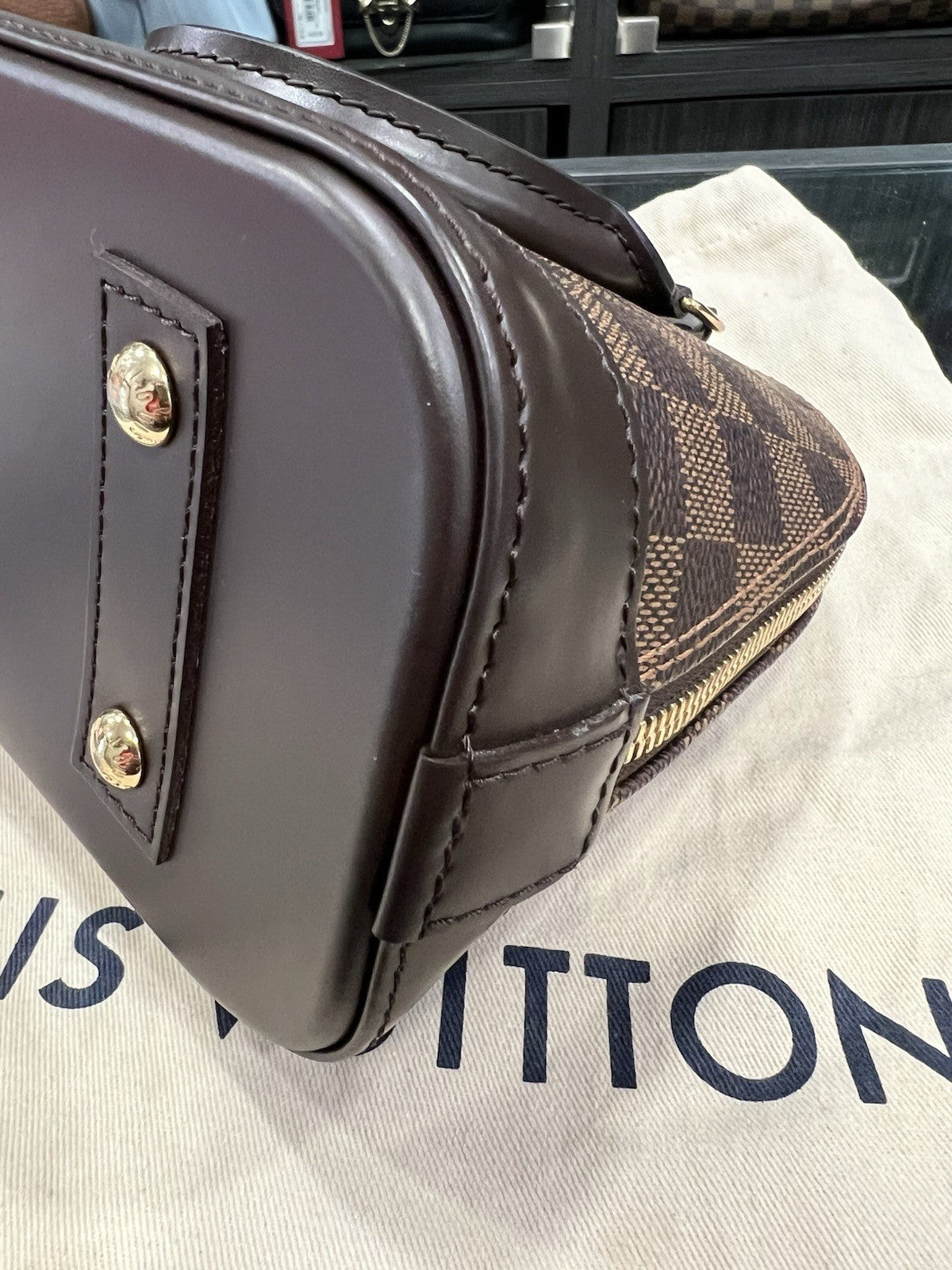 Louis Vuitton Damier Ebene Alma BB W/Lock Key & Duster (Monogrammed No Strap)