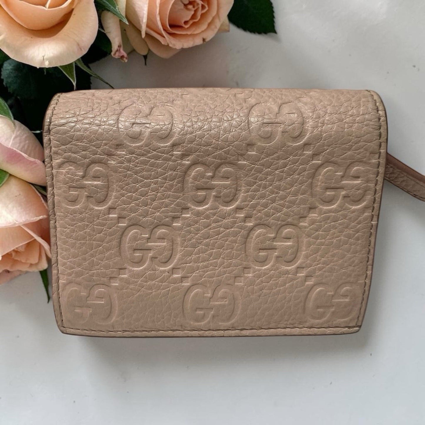 Gucci GG Emblem Peach Leather Bifold Small Wallet With Authenticity