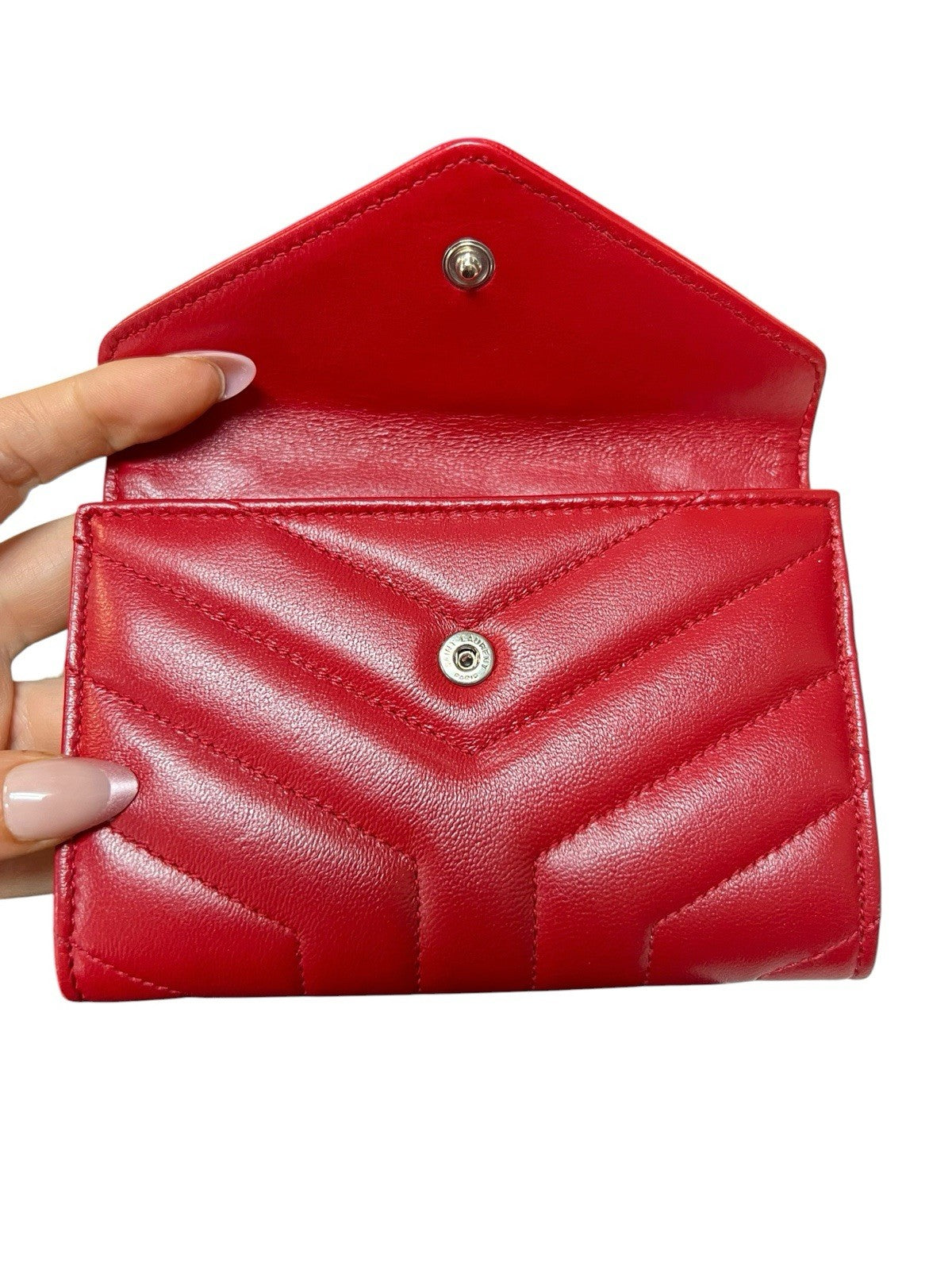 YSL Saint Laurent Leather Red Compact Wallet Card Case Box Duster & Tags