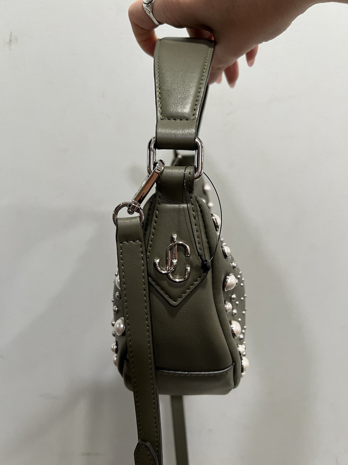 Jimmy Choo Olive Green Pearl Gromet Embellished Crossbody