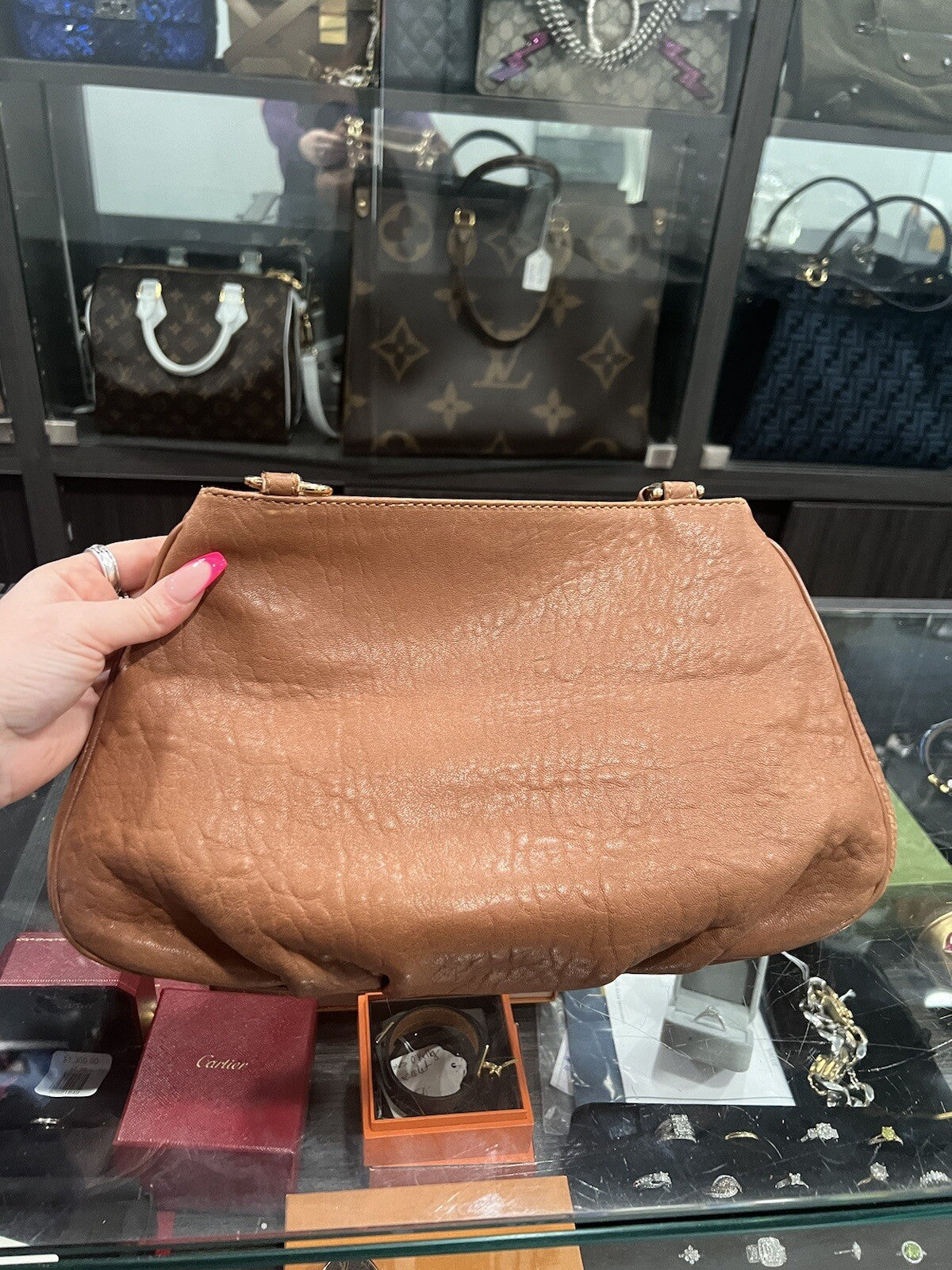Fendi Small Mia Cognac Chain Shoulder Bag W/Card