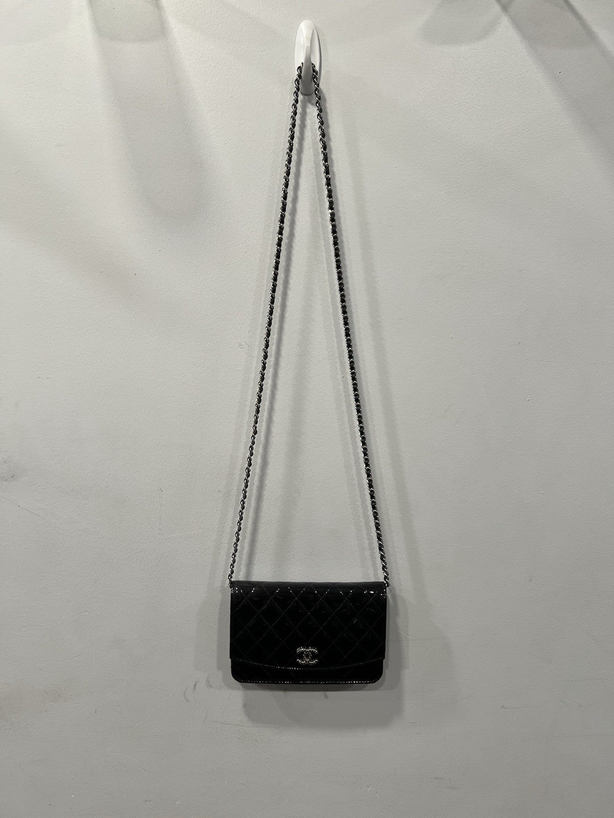 Chanel Black Quilted Patent Leather Brilliant Wallet On Chain Crossbody