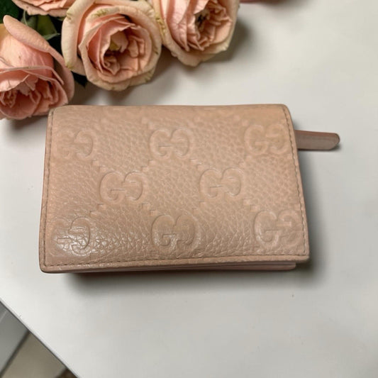 Gucci GG Emblem Peach Leather Bifold Small Wallet With Authenticity