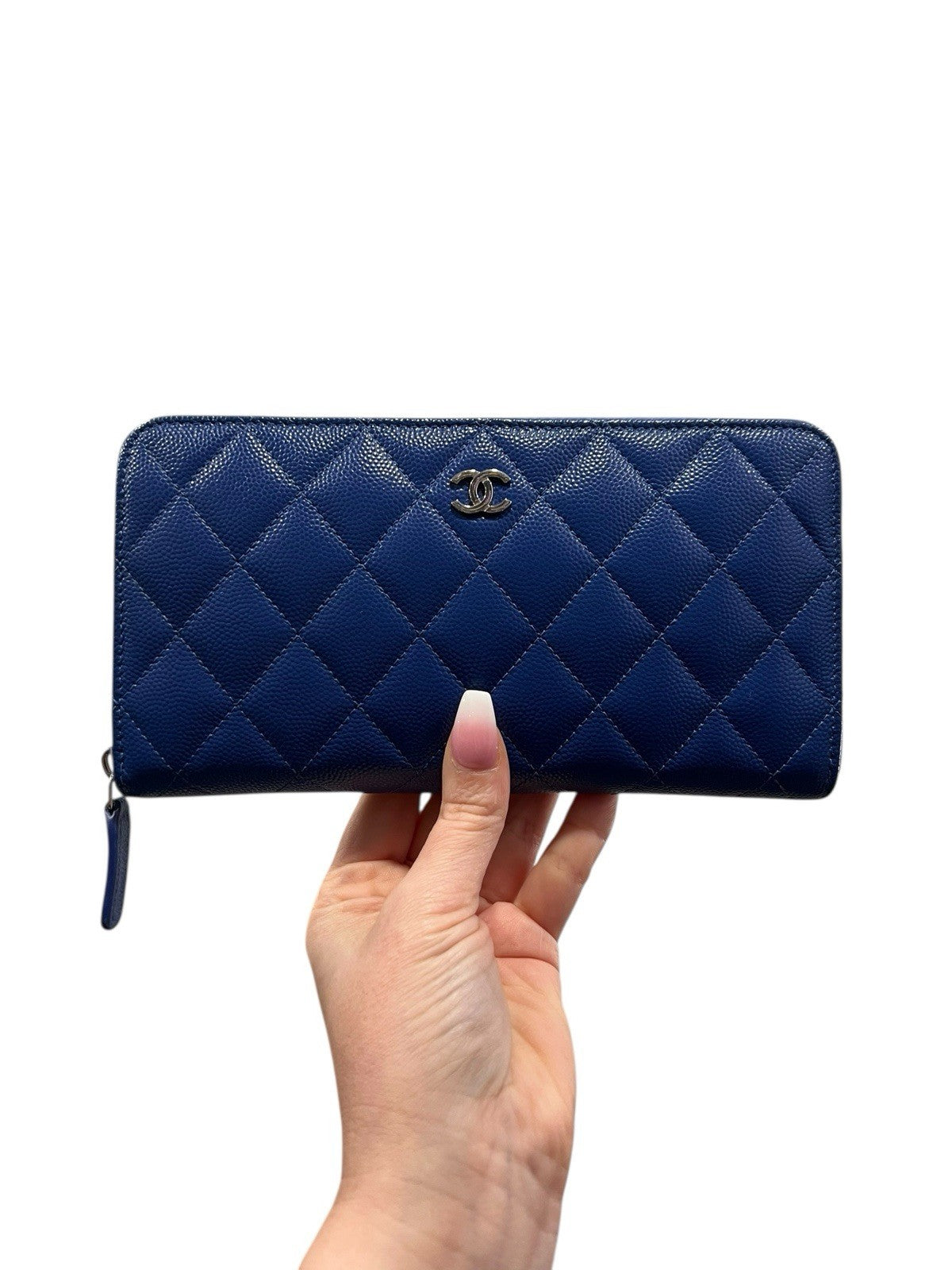 Chanel Caviar Cobalt Blue Leather Zip Around Wallet With Authenticity