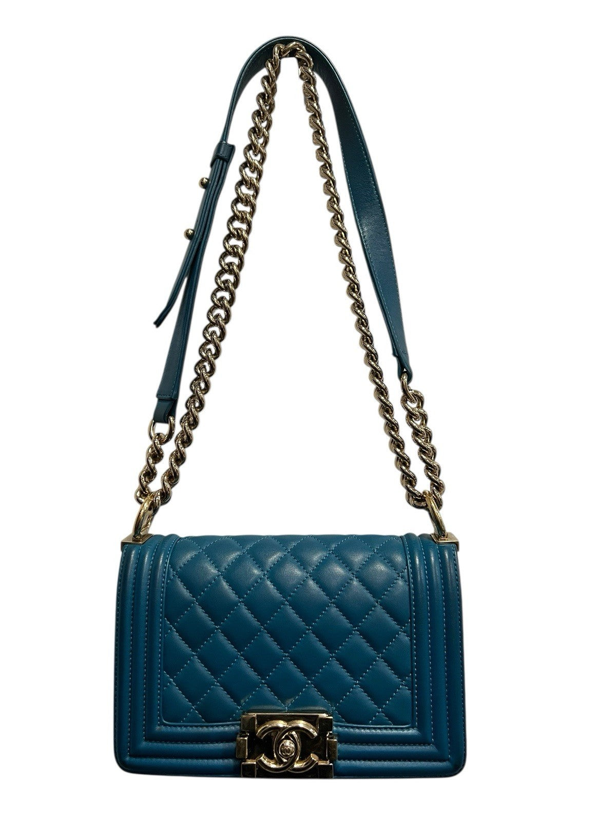 Chanel Small Two Way Boy Cobalt/Gold Chain Bag Includes Authenticity MSRP $6700