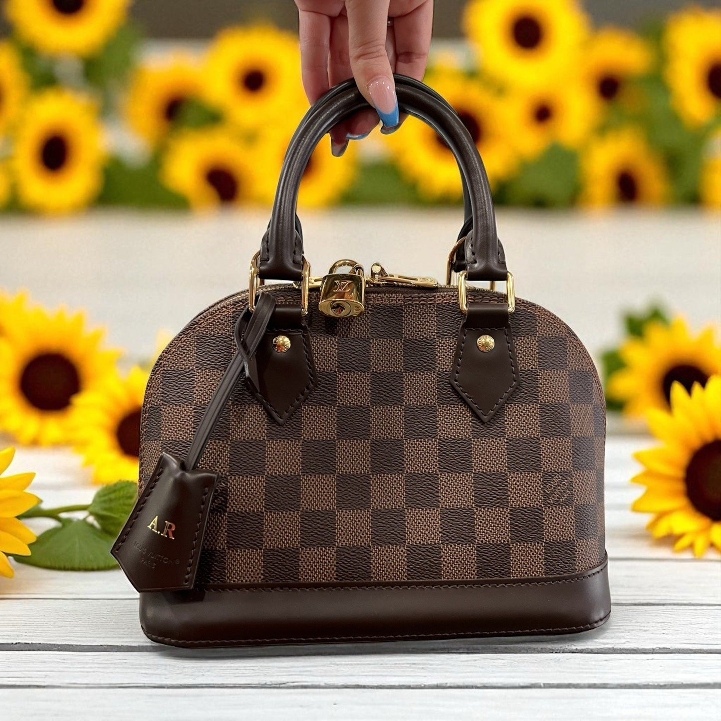 Louis Vuitton Damier Ebene Alma BB W/Lock Key & Duster (Monogrammed No Strap)