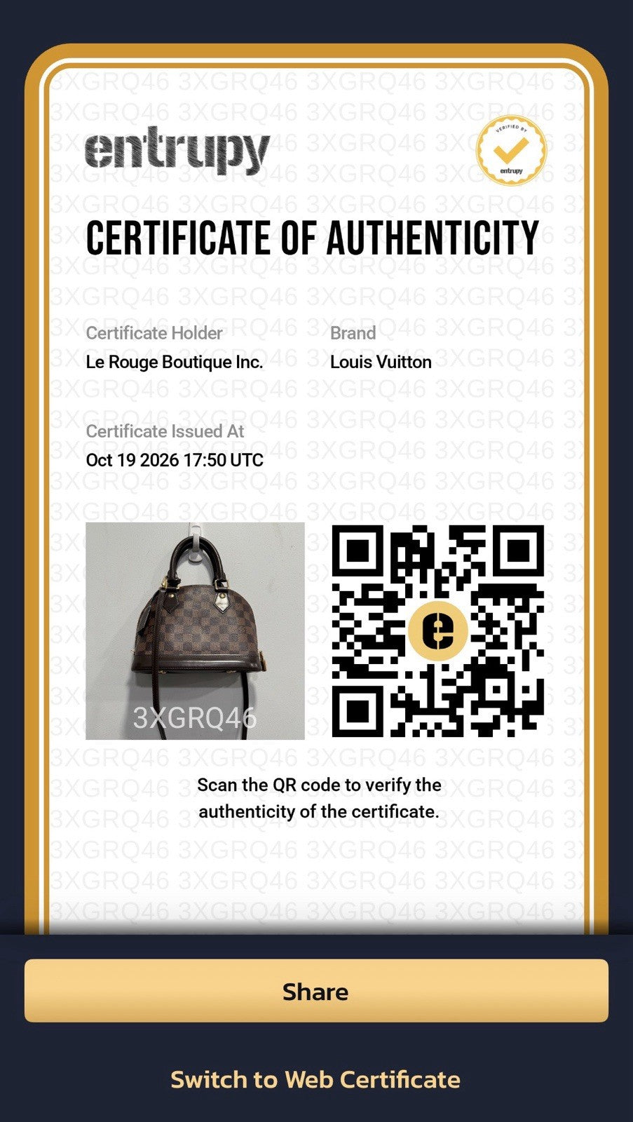 Louid Vuitton Damier Ebene BB Alma W/Lock Key & Authenticity Retail $2k