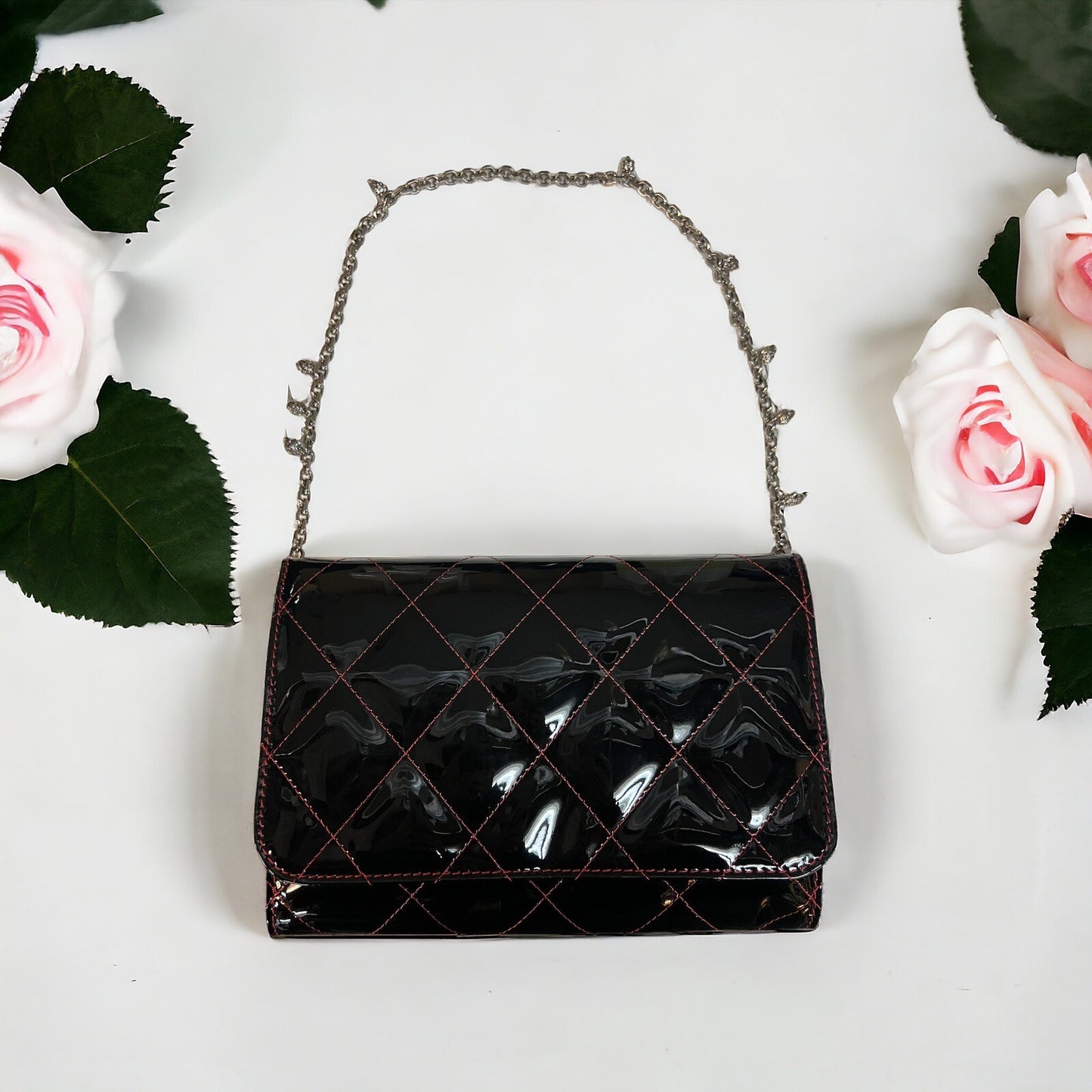 Alexander McQueen Black Patent Skull Chain Bag Quilted