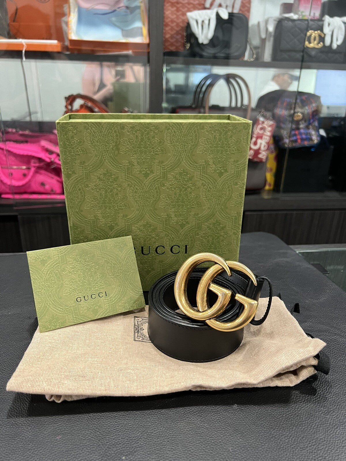 Gucci Marmont Black/Aged Gold Belt W/Box Duster & Receipt (Retail $520) 95/38"