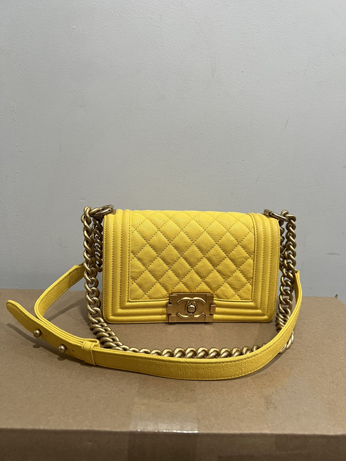 Chanel Caviar Small Yellow Boy Bag With Certificate Of Authenticity