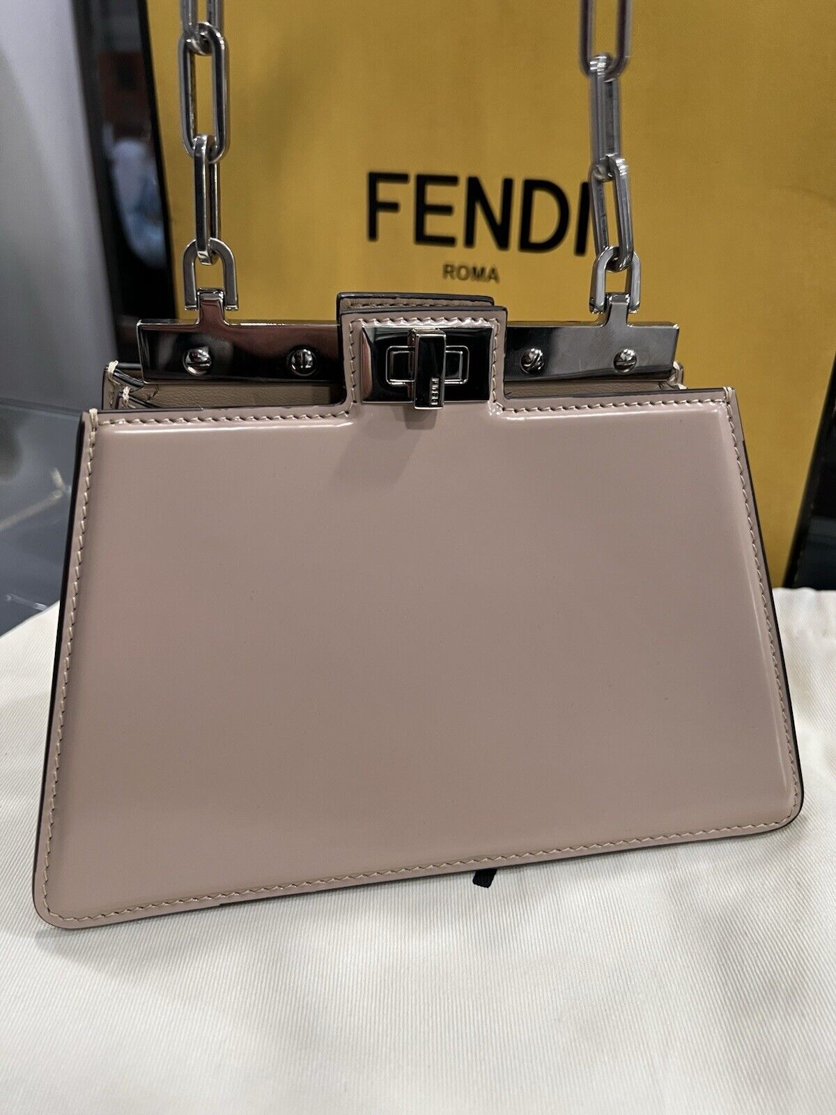FENDI Peekaboo Cut Mini chain Shoulder Bag Beige Calfskin Retail $4700
