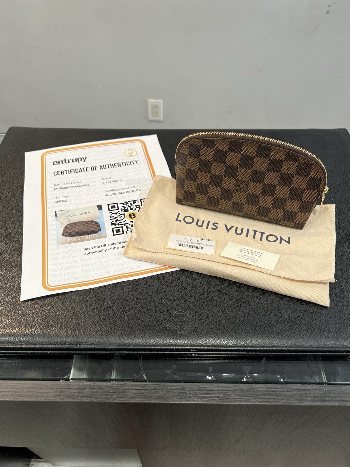 Louis Vuitton Damier Ebene Cosmetic Pochette PM With Authenticity & Duster