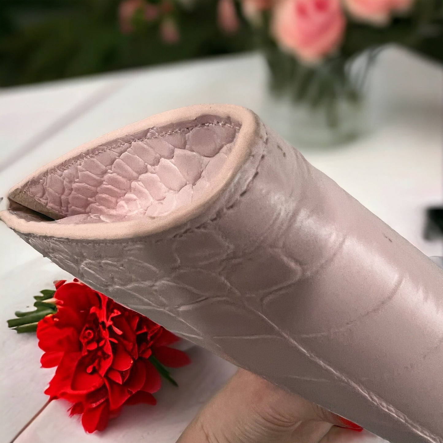 Alexander McQueen Pale Pink Crock Embossed Flat Knuckle Clutch