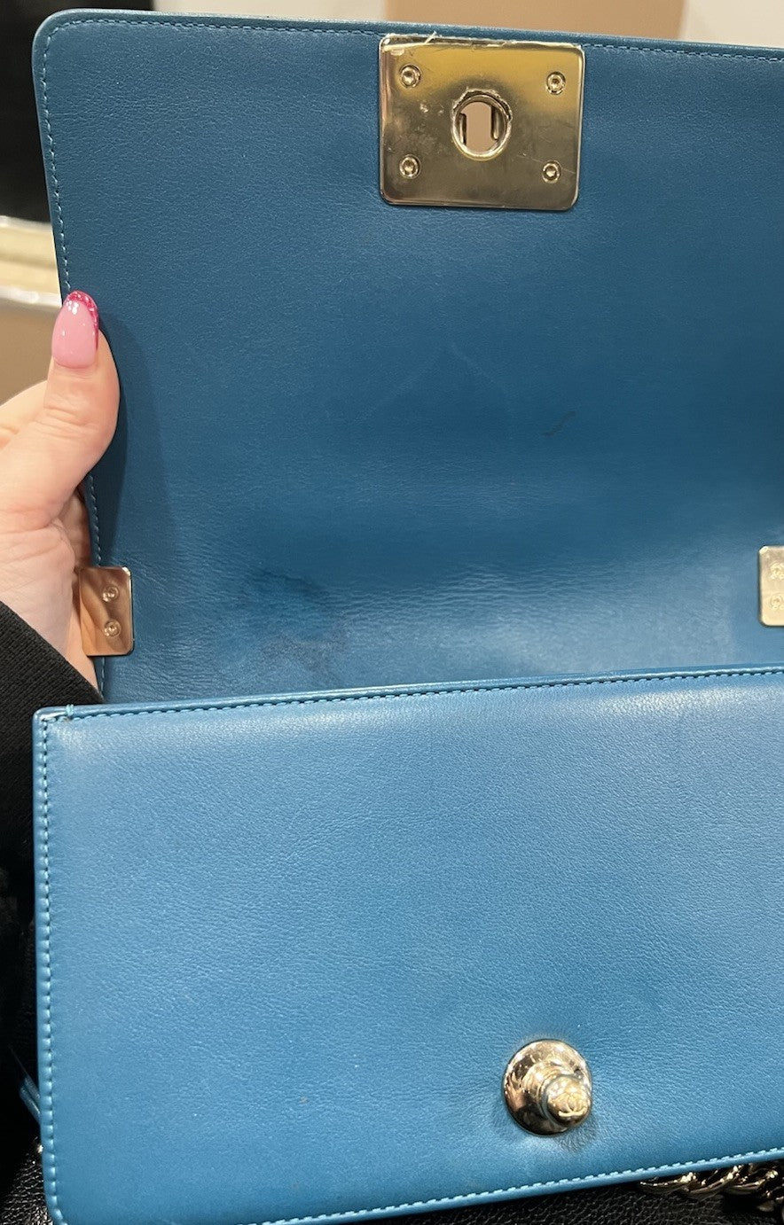 Chanel Small Two Way Boy Cobalt/Gold Chain Bag Includes Authenticity MSRP $6700