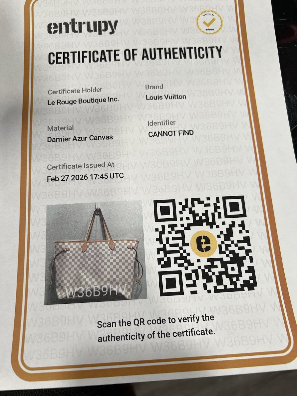 Louis Vuitton Damier Azure GM Neverfull With COA & Insert