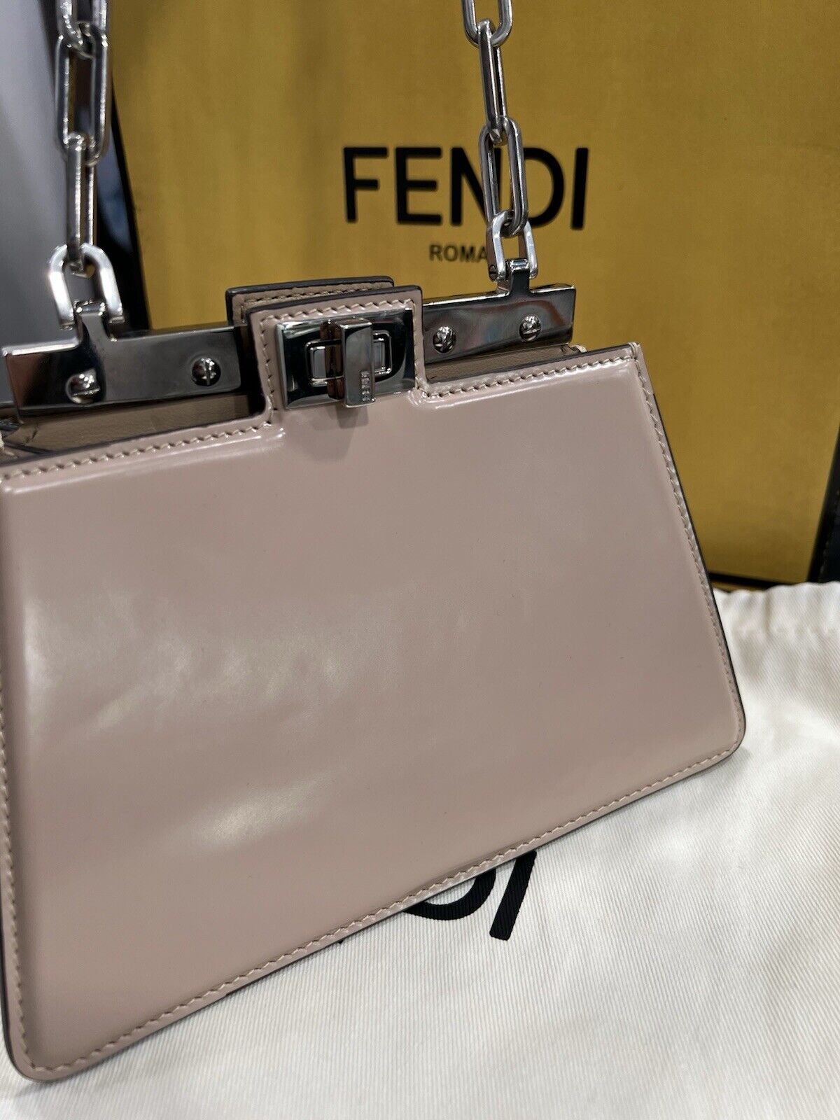 FENDI Peekaboo Cut Mini chain Shoulder Bag Beige Calfskin Retail $4700