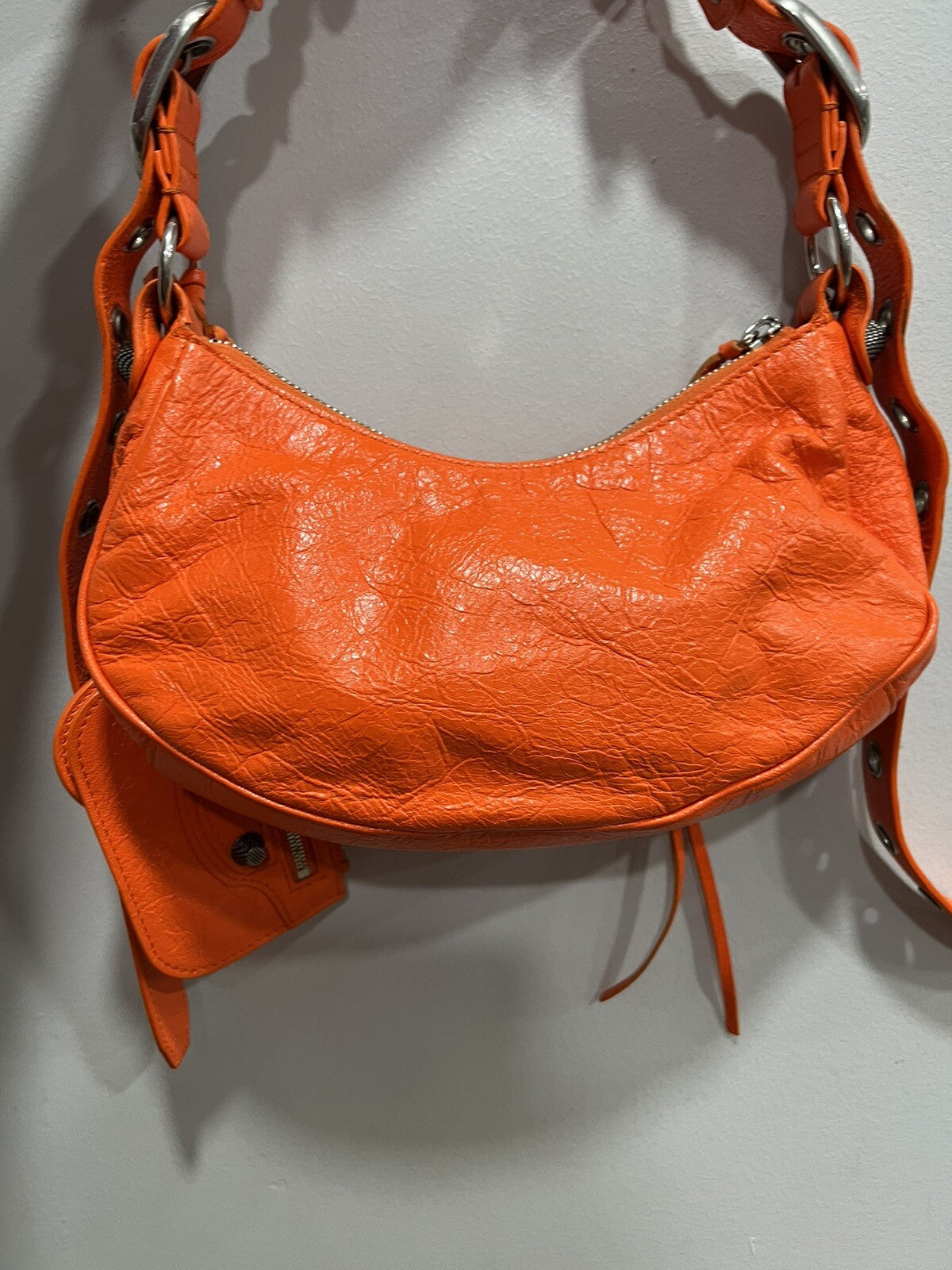 Balenciaga Le Cagole XS Neon Orange Arena Leather Shoulder Bag