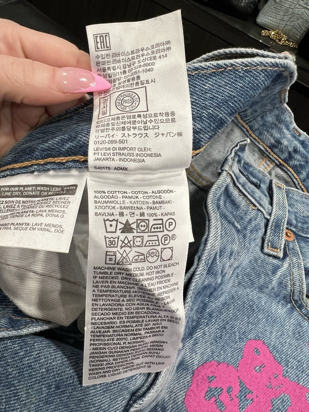 Denim Tears Bstroy Tears 501 DT Light Wash Jean Pink/Green 30 X 32