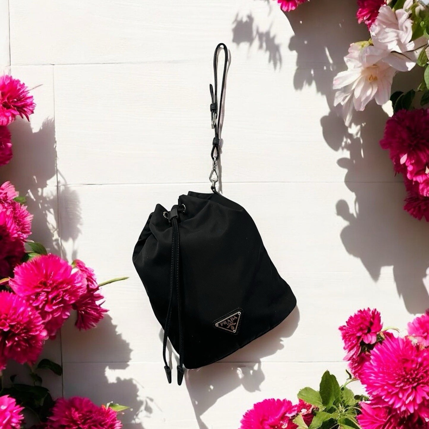 Prada Drawstring Wristlet Bucket Bag Tessuto Small