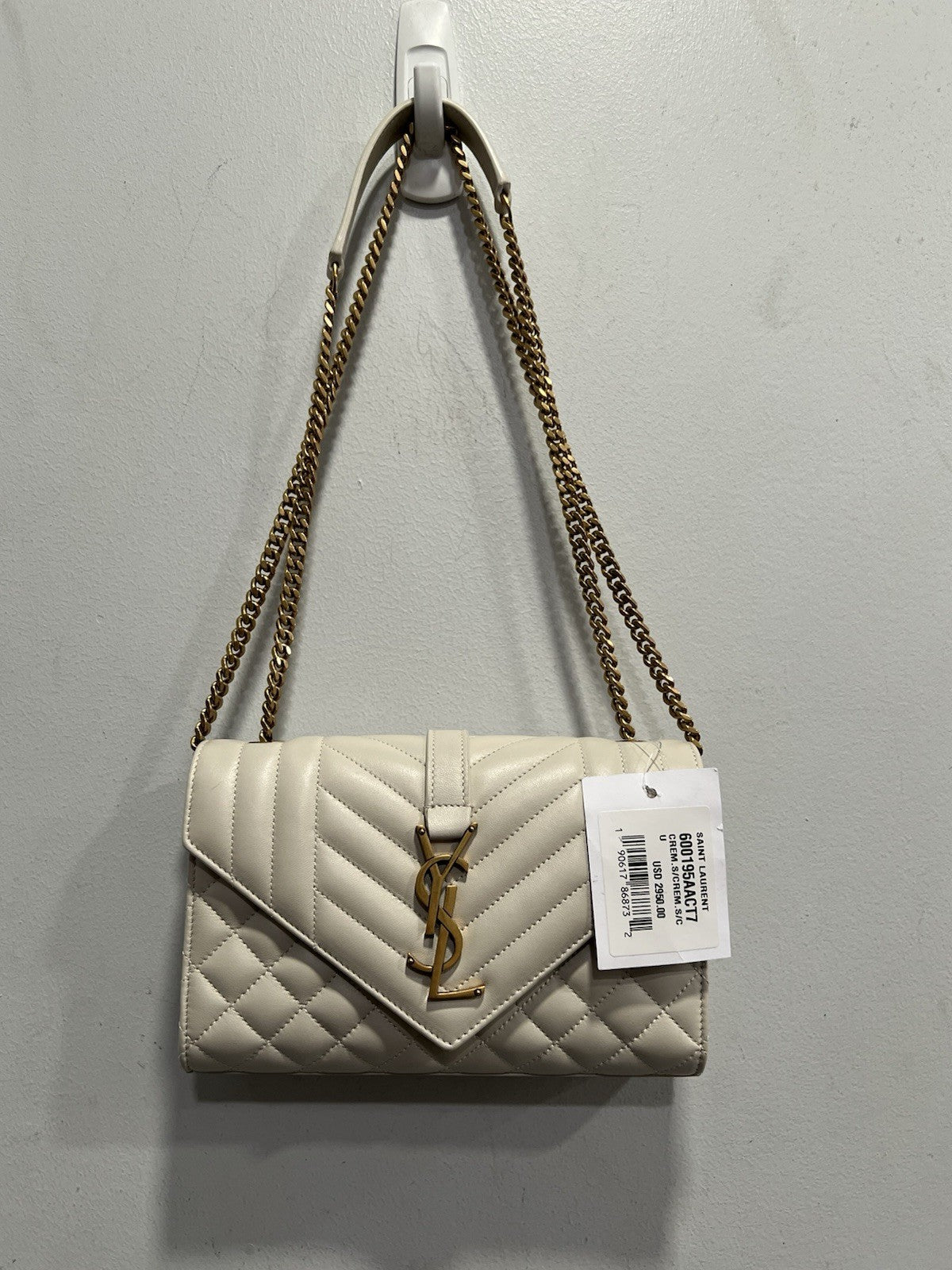 YSL Saint Laurent Ivory/Gold Envelope Triquilt Small Smooth Leather MSRP $2950