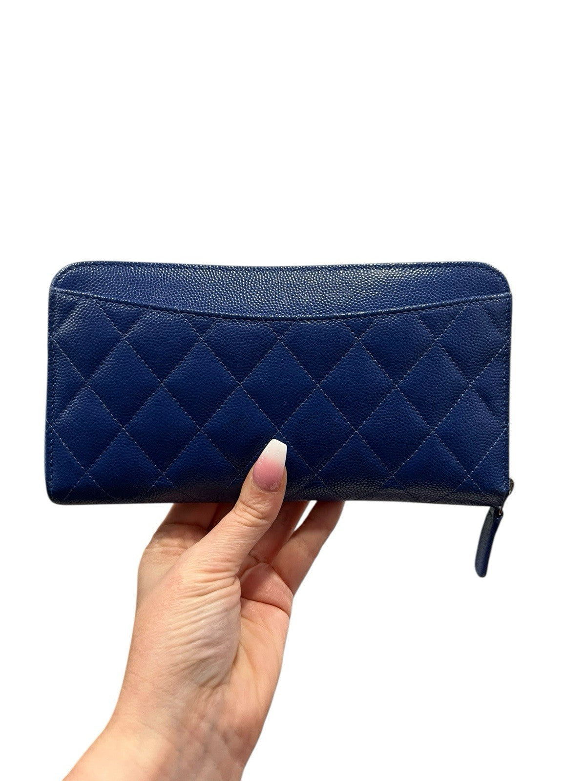 Chanel Caviar Cobalt Blue Leather Zip Around Wallet With Authenticity