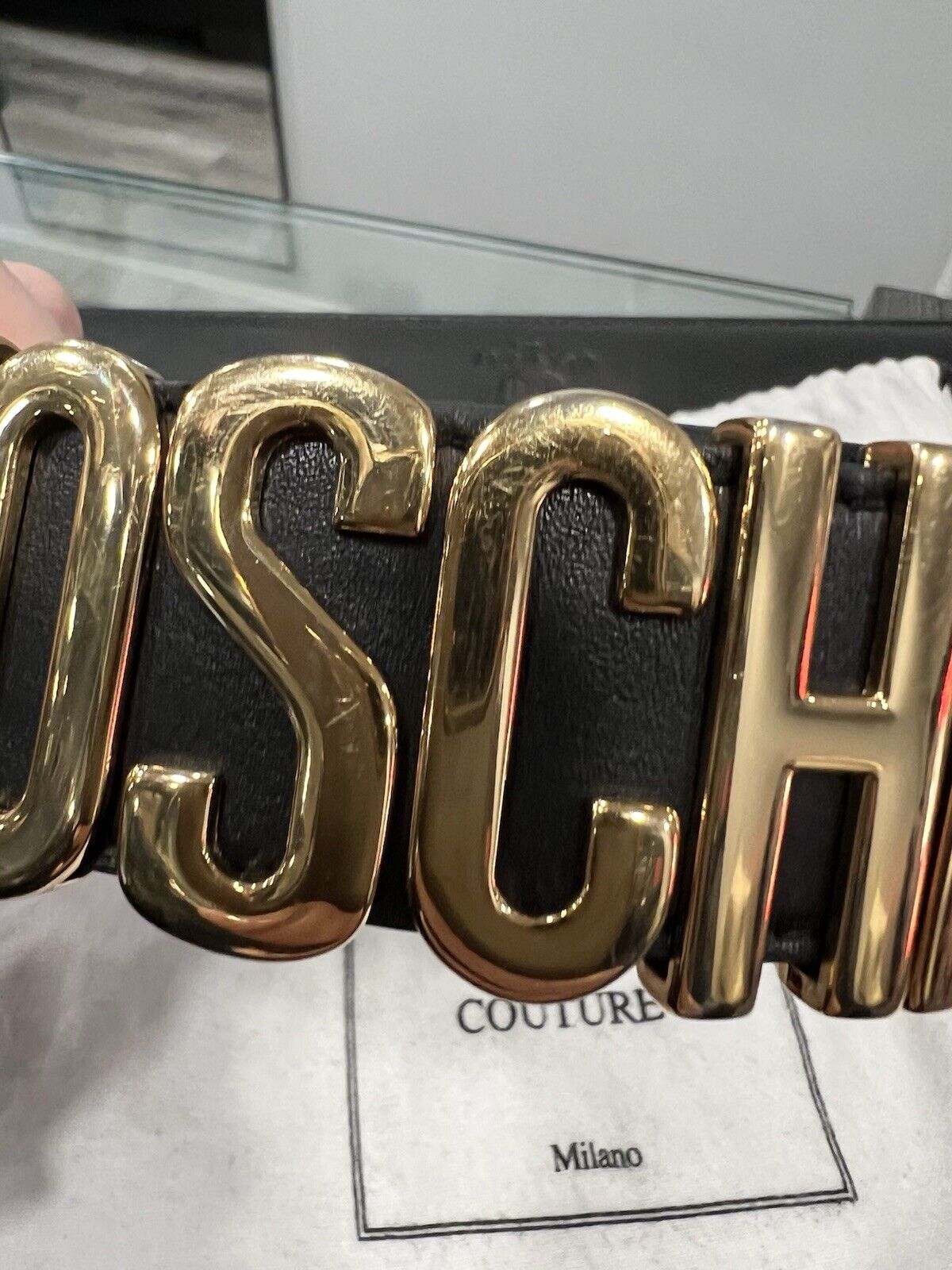 Moschino Men's Logo Belt Black/Gold W/Duster Size 31"-36" Retail $325