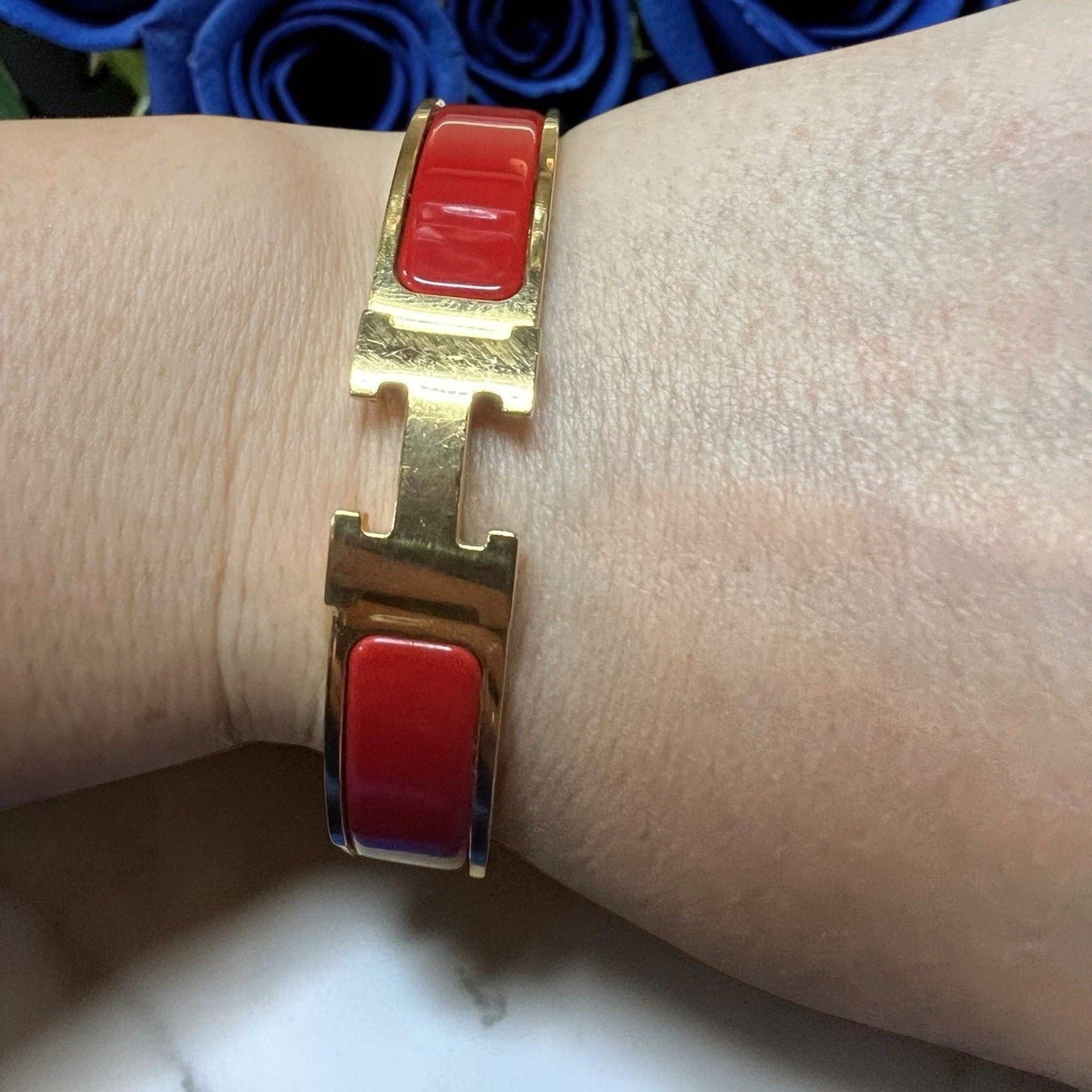 Hermes Click H Red/Gold Cuff Bracelet Retail $810 AUTHENTIC 6.75"
