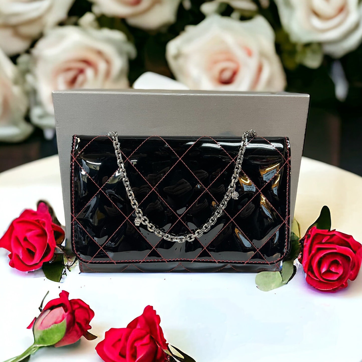 Alexander McQueen Black Patent Skull Chain Bag Quilted