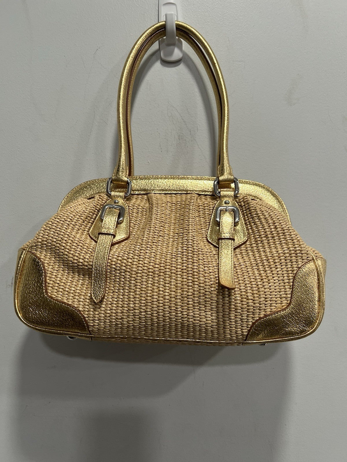 Prada Cinghiale Trimmed Paglia Straw Shoulder Bag W/Authenticity