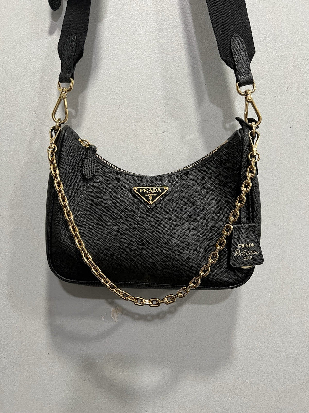 Prada Black/Gold Saffiano Re-Edition 2005 W/Authenticity Retail $2750
