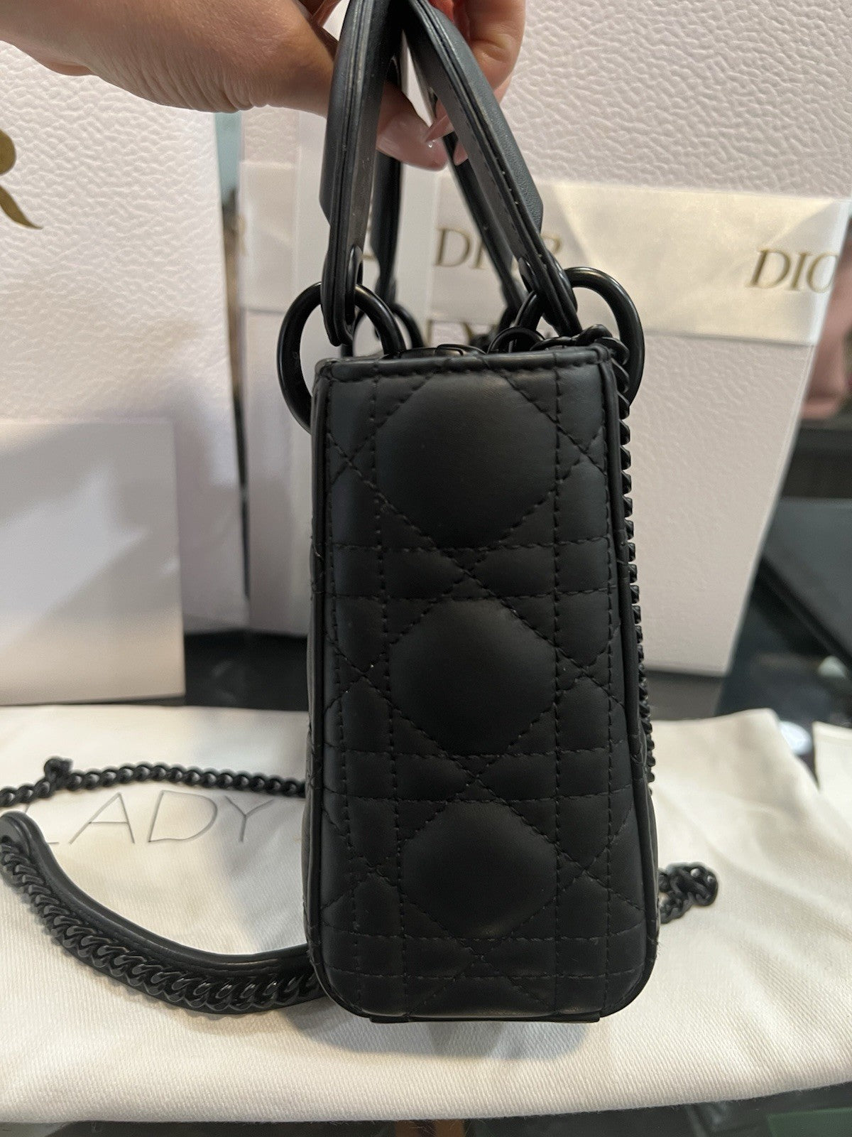 Christian Dior Matte Black Cannage Mini Lady Bag Box Duster Receipt Retail $5500