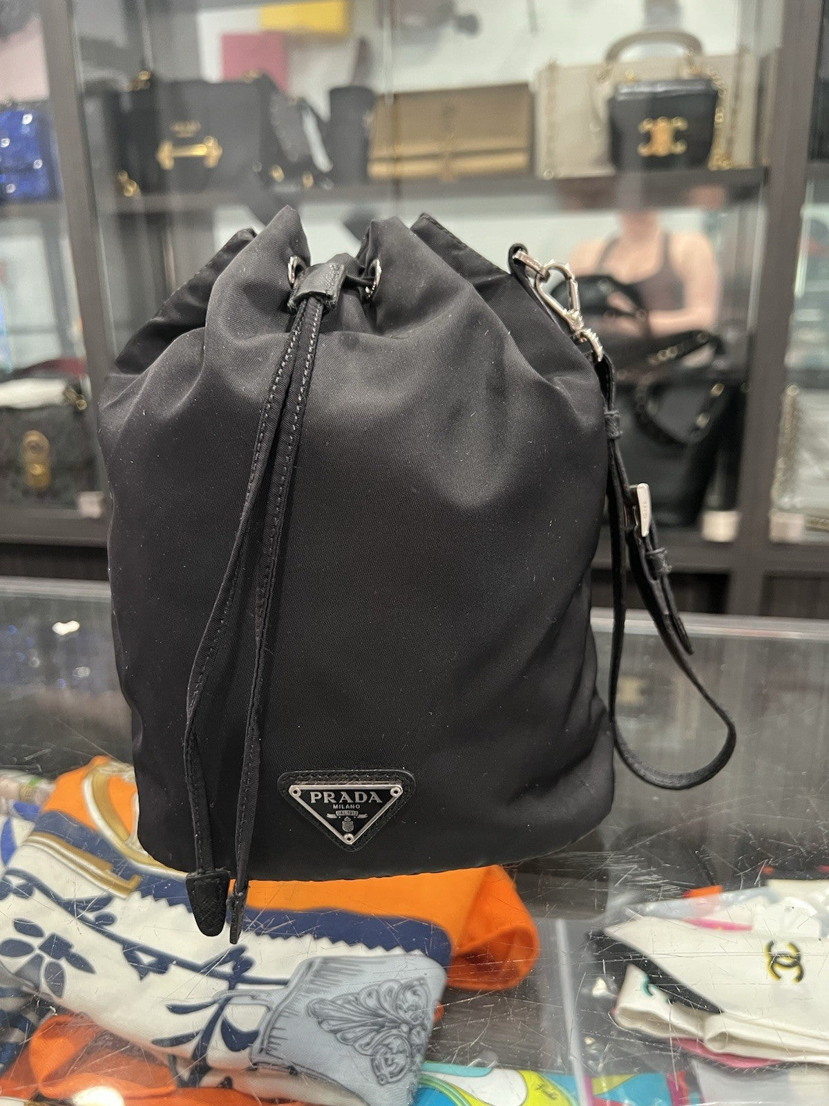 Prada Drawstring Wristlet Bucket Bag Tessuto Small