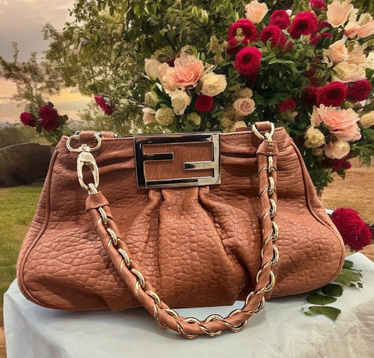 Fendi Small Mia Cognac Chain Shoulder Bag W/Card