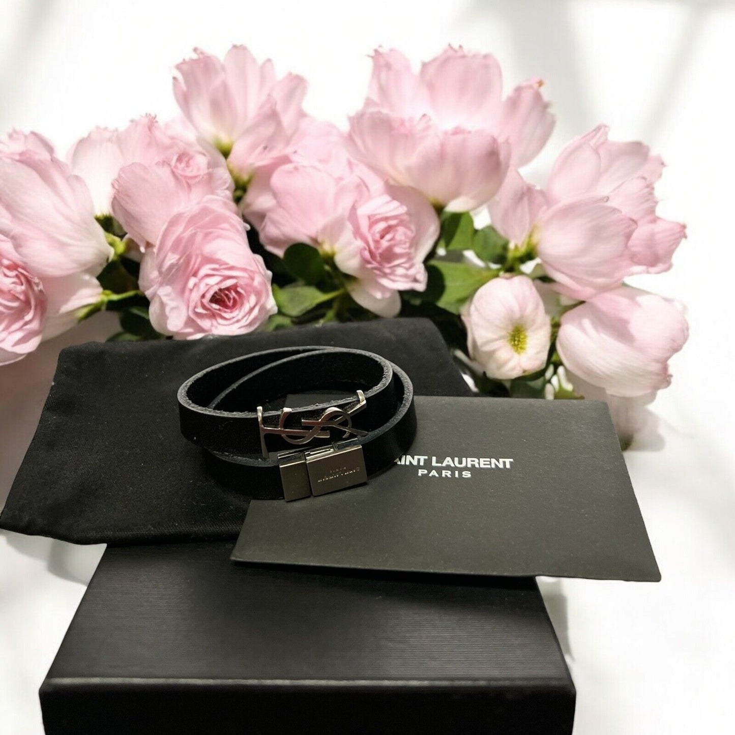 YSL Saint Laurent Black Leather Silver Logo Wrap Bracelet