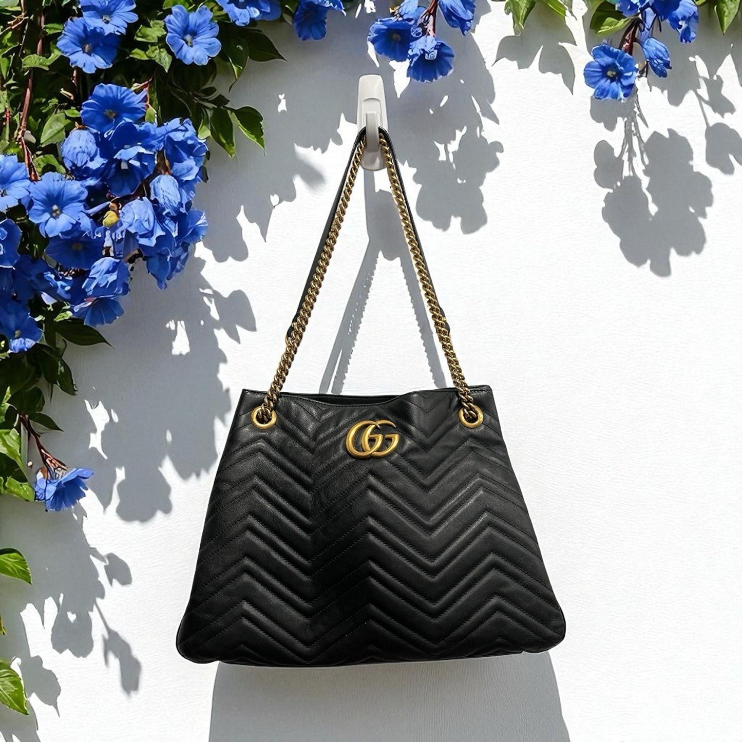 Gucci Marmont Black Gold Hardware Chevron Medium Tote Retail $2800