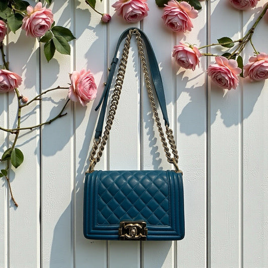 Chanel Small Two Way Boy Cobalt/Gold Chain Bag Includes Authenticity MSRP $6700