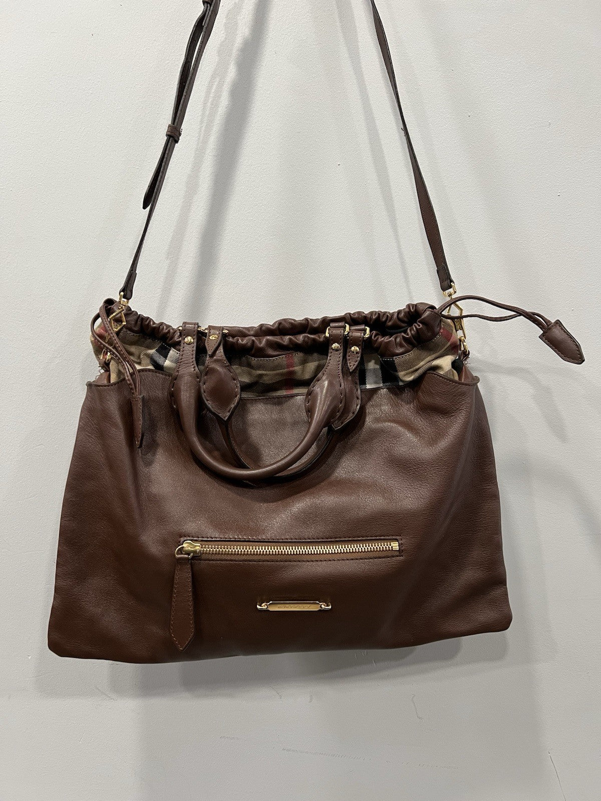 Burberry Big Crush Leather Plaid Drawstring Tote