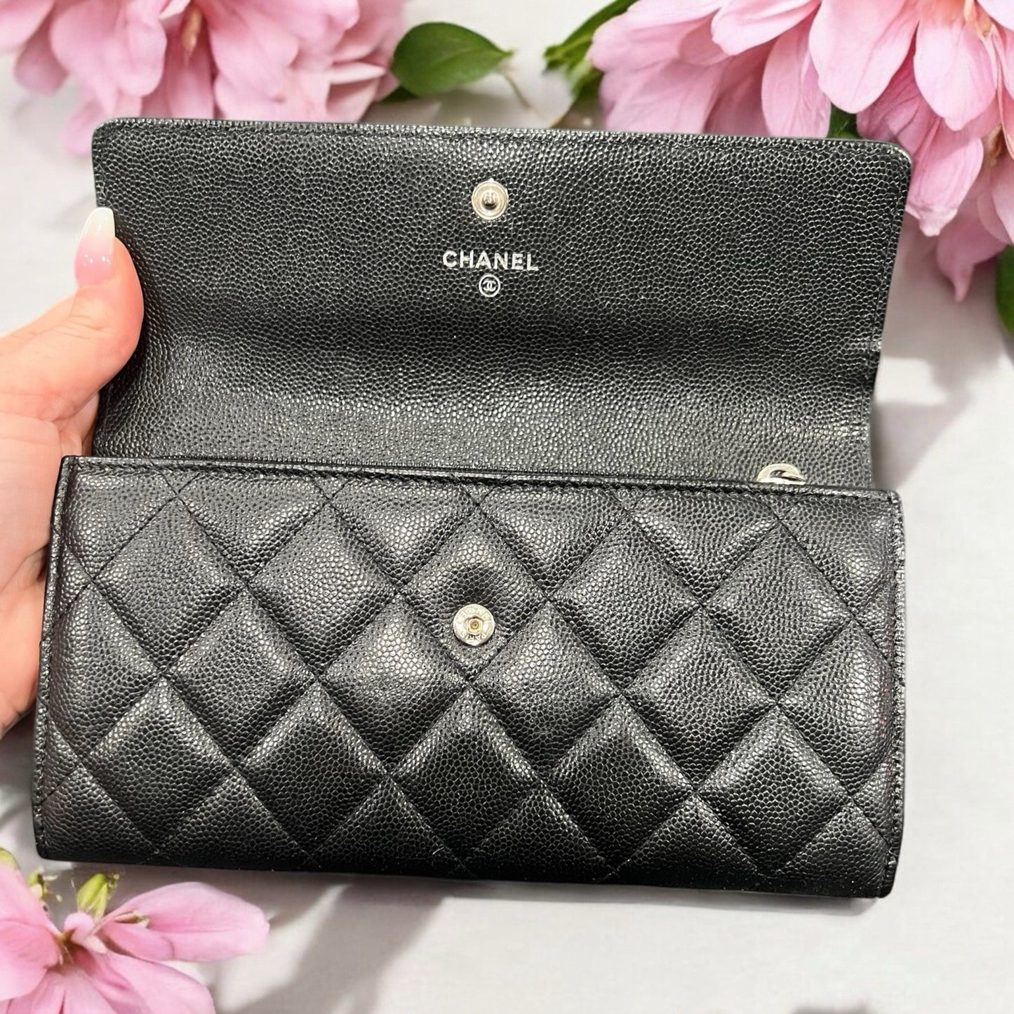 Chanel Caviar Long Quilted Wallet With Certificate Of Authenticity
