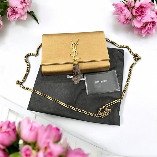 YSL Saint Laurent Kate Small Tassel Satin Crossbody Sahara Beige