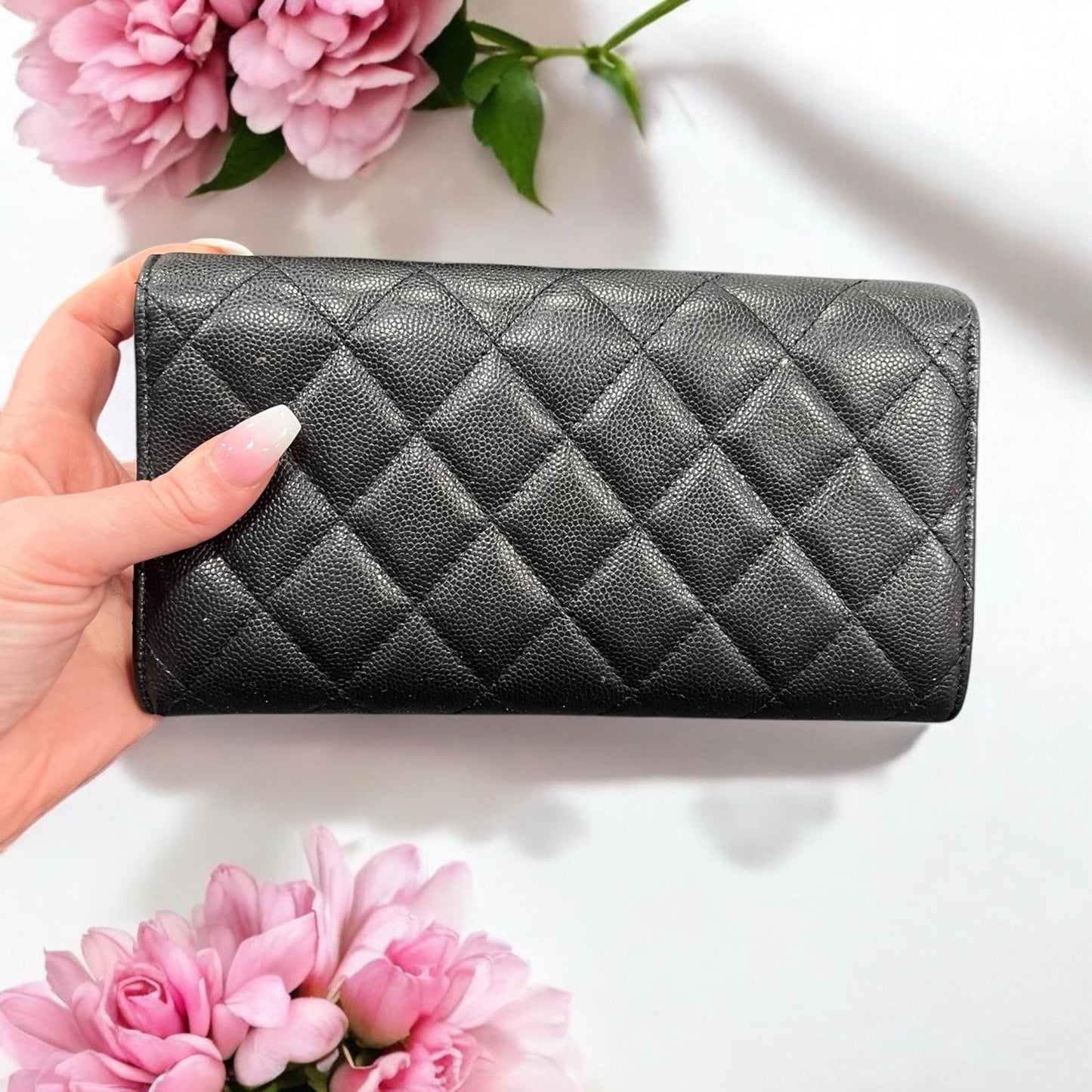 Chanel Caviar Long Quilted Wallet With Certificate Of Authenticity