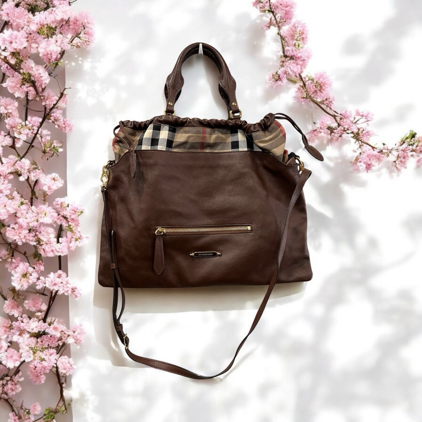 Burberry Big Crush Leather Plaid Drawstring Tote