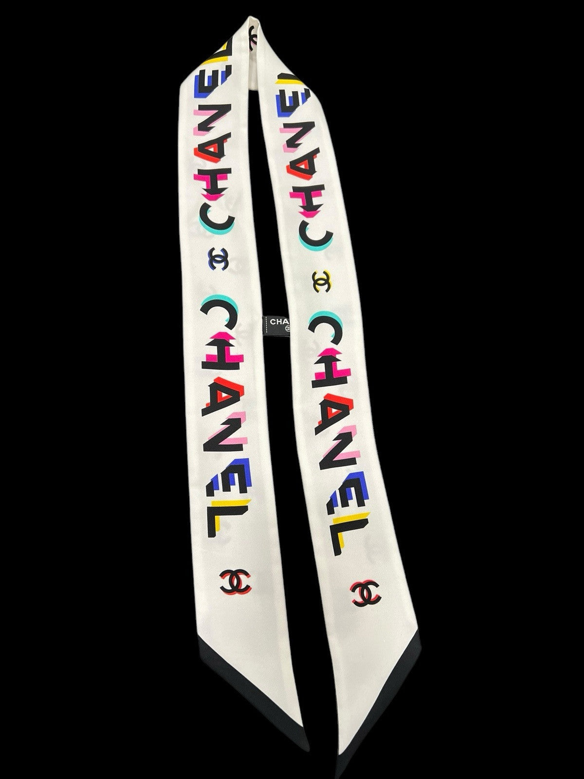 Chanel Silk Bandeau Scarf Ivory Multi Reversible Logo AUTHENTIC RARE