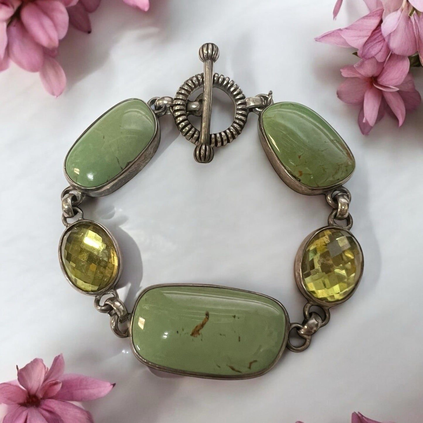Stephen Dweck Retired Green Turquouse Citrine .925 Sterling Toggle Bracelet 6.5"