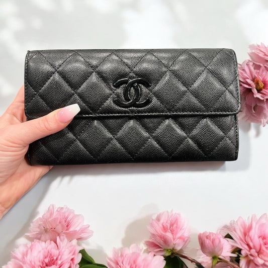Chanel Caviar Long Quilted Wallet With Certificate Of Authenticity