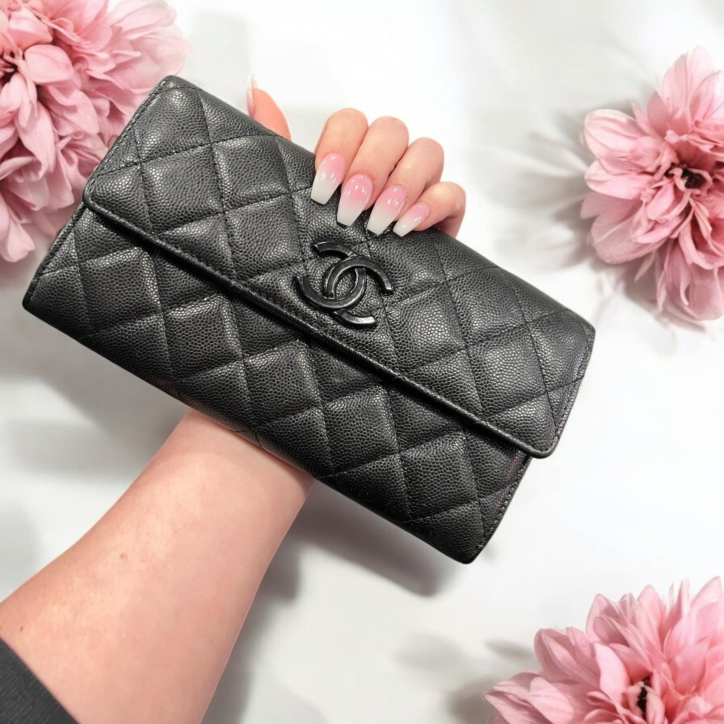 Chanel Caviar Long Quilted Wallet With Certificate Of Authenticity