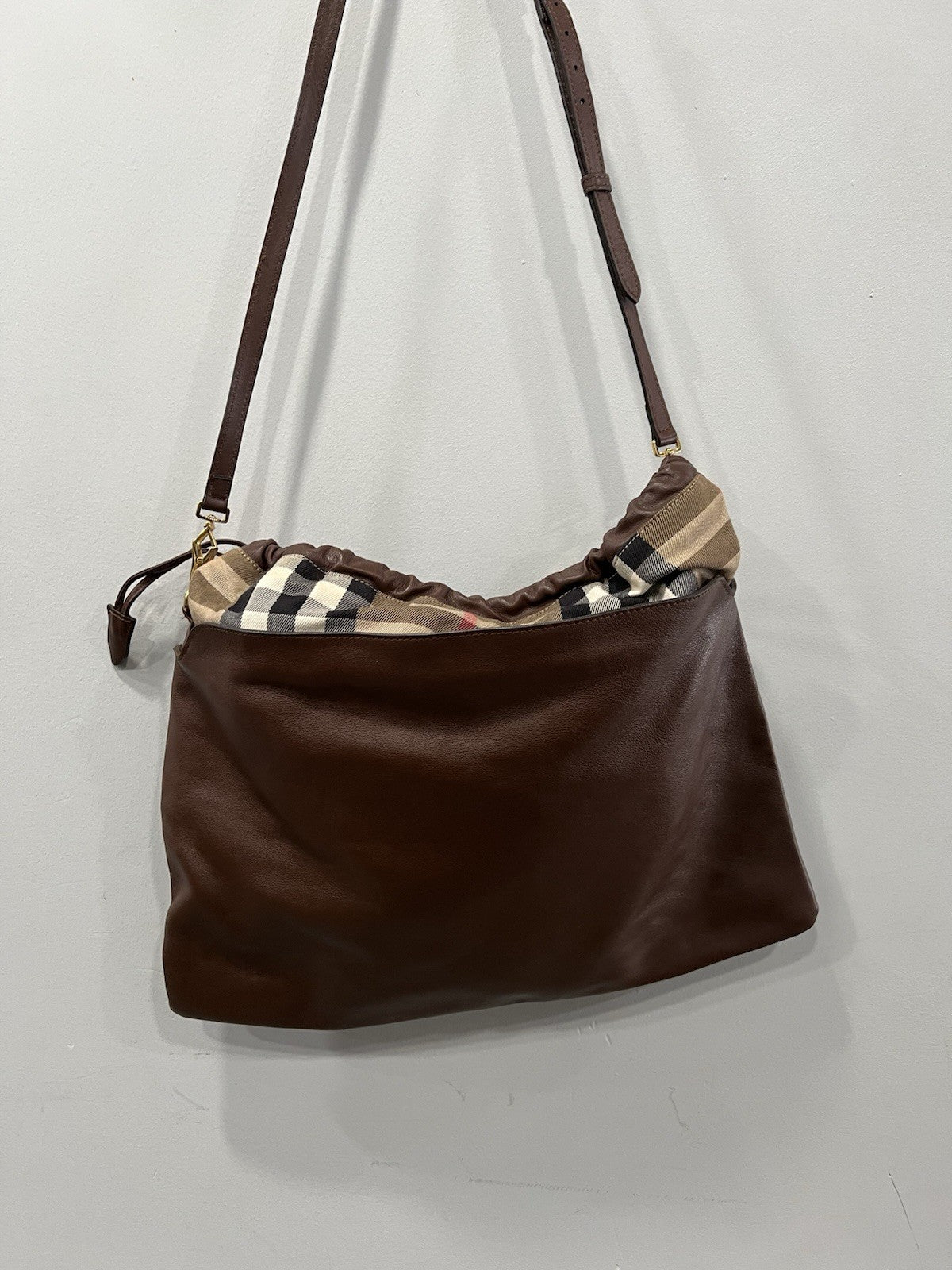 Burberry Big Crush Leather Plaid Drawstring Tote