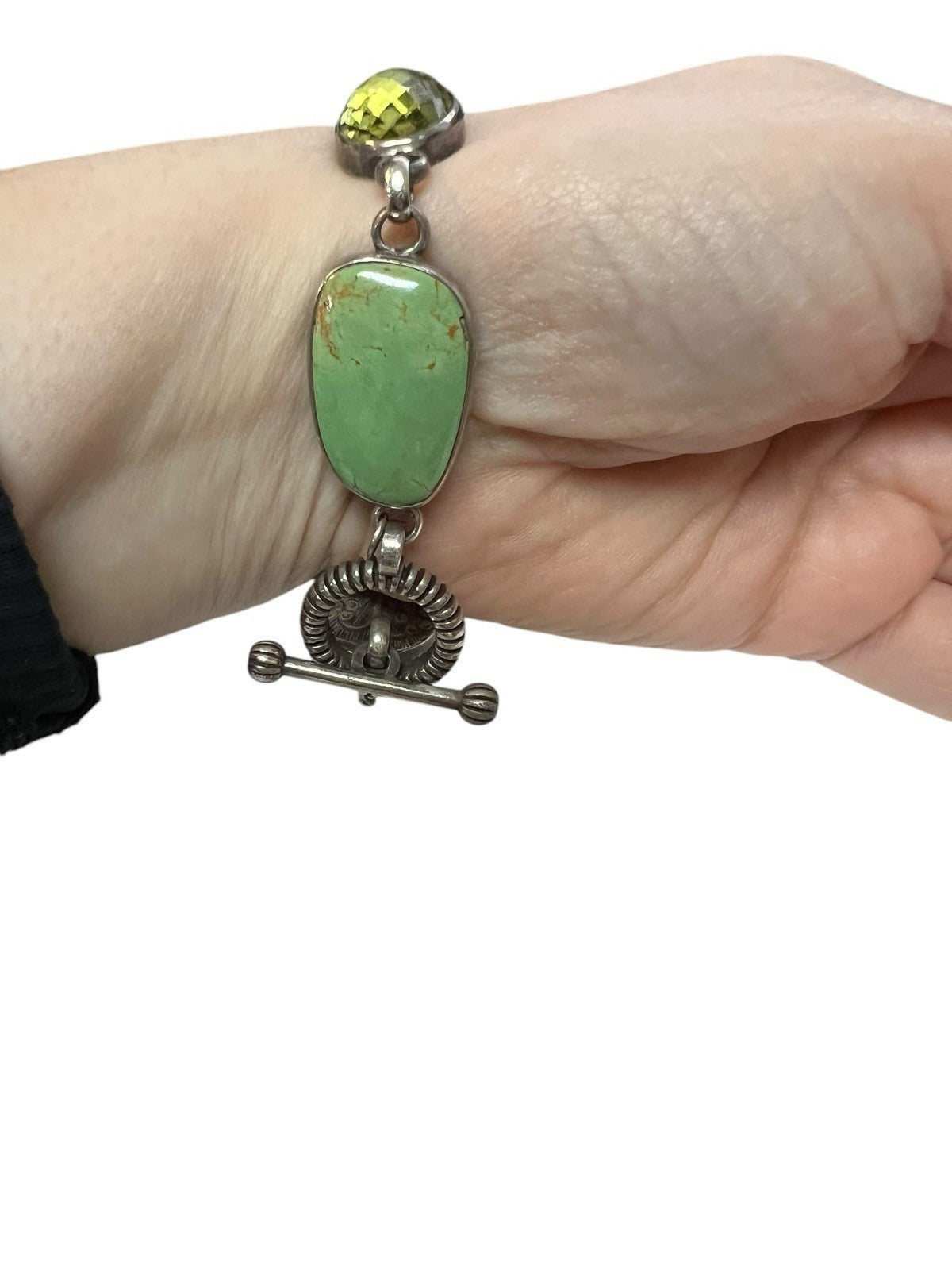 Stephen Dweck Retired Green Turquouse Citrine .925 Sterling Toggle Bracelet 6.5"