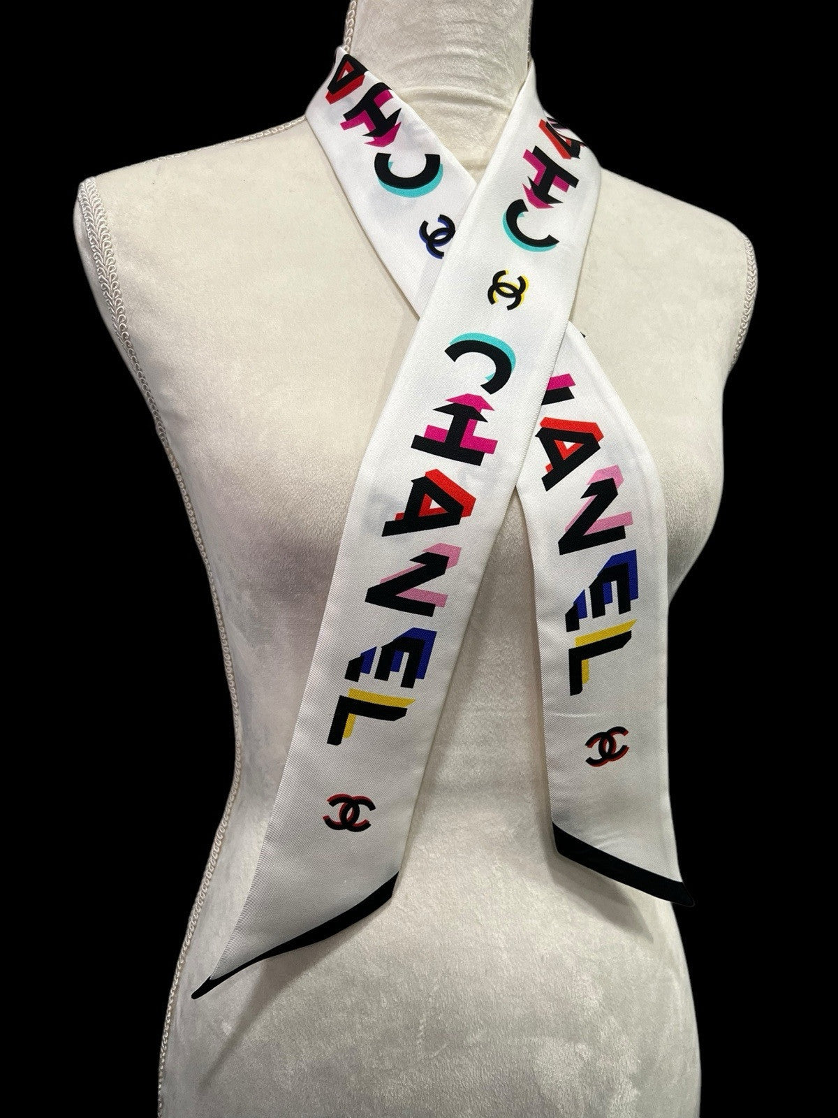 Chanel Silk Bandeau Scarf Ivory Multi Reversible Logo AUTHENTIC RARE